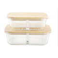 Reusable Bamboo Lid Glass Food Container with Compartment